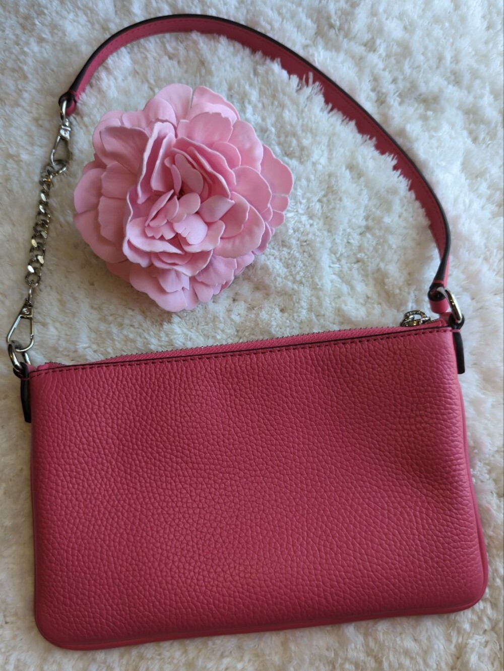 Michael Kors Hot Pink Coral Pebbled Leather Mini Bag With Extension Chain Silver - Picture 4 of 6